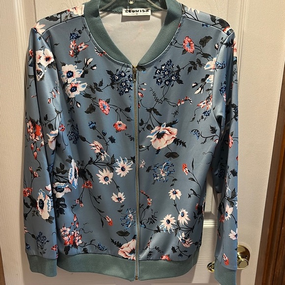 Blue and Green Bomber Jacket with Floral Print - Picture 2 of 5